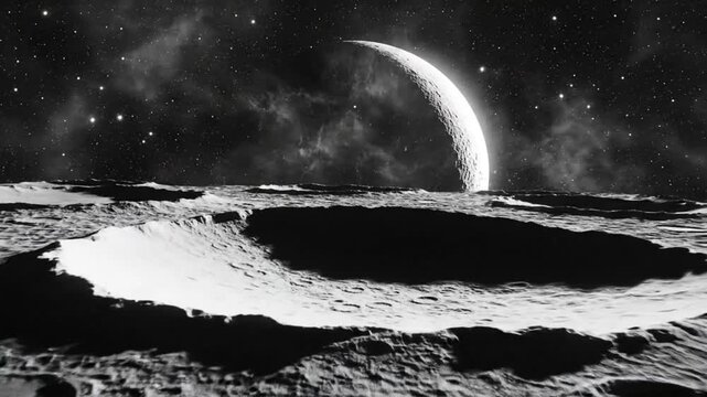 Epic Lunar Landscape: A Dramatic Crescent Moon Rising Above Craters Under a Starry Black Sky