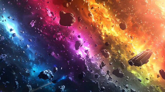 Vibrant cosmic scene showcasing two sleek spaceships navigating through a dense, colorful asteroid field and glowing nebula.