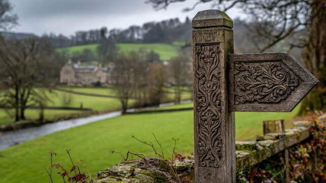 Antique carved wooden fingerpost sign in a historic English village landscape with rolling green fields.