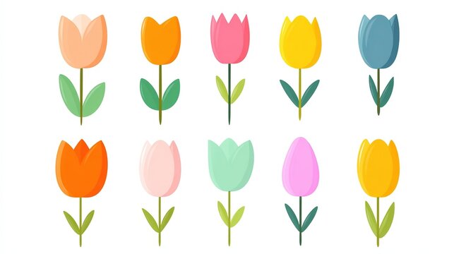 Cute tulip flower icon set, simple flat vector illustration with pastel colors, minimalistic shapes and no shadows, isolated on white background for decorative and design projects