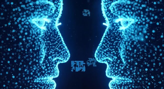 neon wireframe heads facing each other in digital mind concept