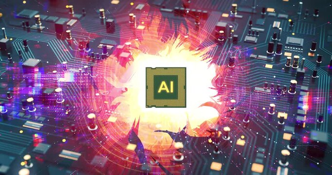 Close up of AI processor on motherboard with burning effects. AI Technology Related 3D Computer Animation.