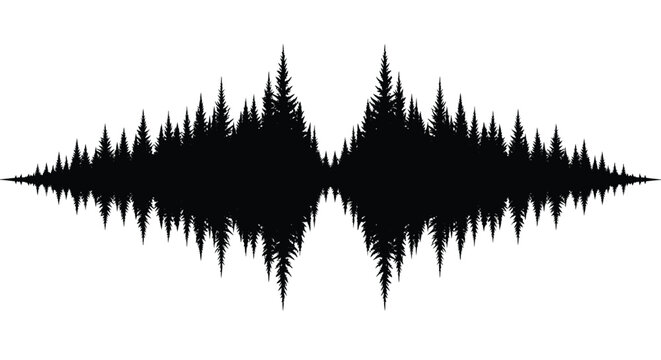A striking black design depicts a dense forest shaped like an audio waveform creating a visual echo silhouette high quality professional detailed modern elegant