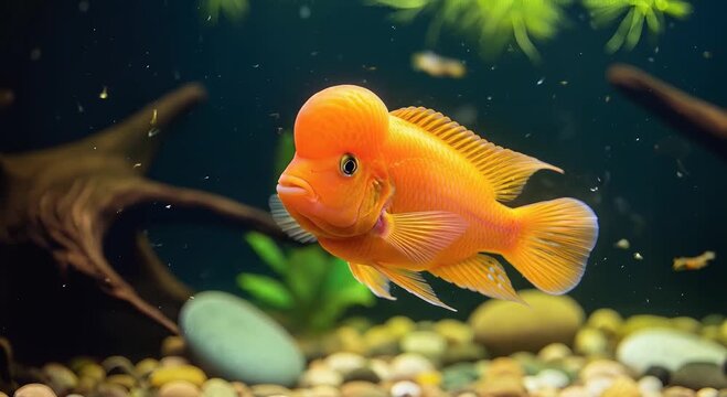 orange tropical fish swimming in aquarium among rocks and aquatic plants