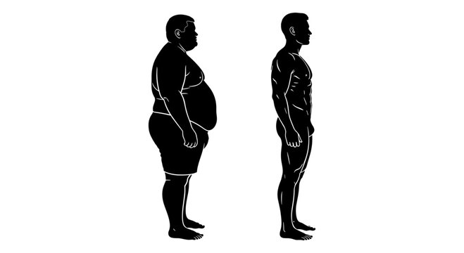 Comparison of body types between obesity and normal weight in silhouette form Vector, illustration