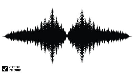 A symmetrical arrangement of coniferous trees forms a striking wave like shape reflected in calm waters creating a dark silhouette high quality professional detailed © rsvect02