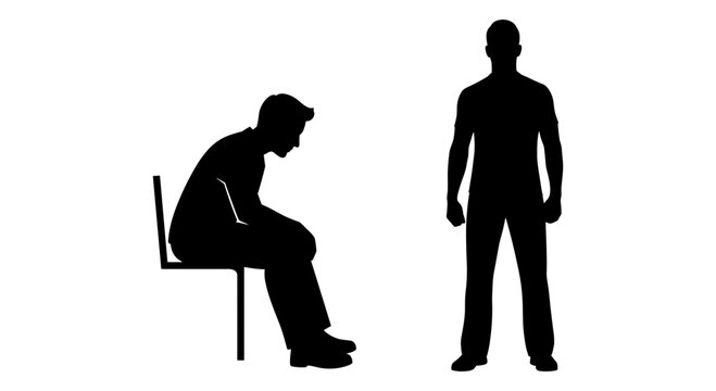 A person sitting dejectedly on a chair next to a standing individual Vector, illustration