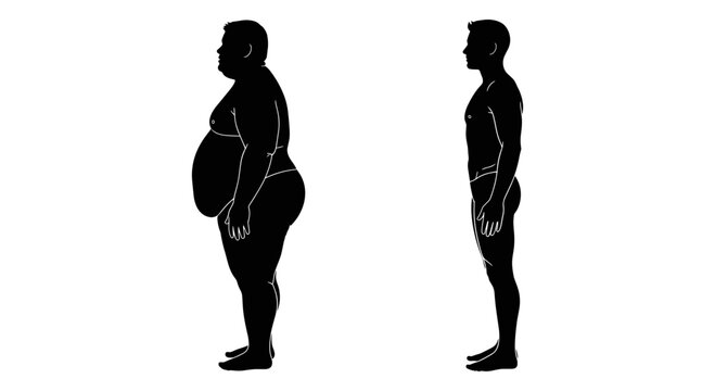 Comparison of body types between an obese and a normal weight individual silhouette Vector, illustration