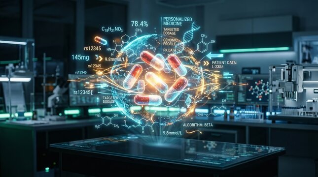 Holographic capsules and genomic data hover above a digital table in a biomedical lab. Concepts of personalized medicine, dosage, biotechnology, healthcare, research, precision therapy. Generative AI.