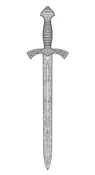 An illustration of a medieval sword with intricate designs on the blade and hilt.