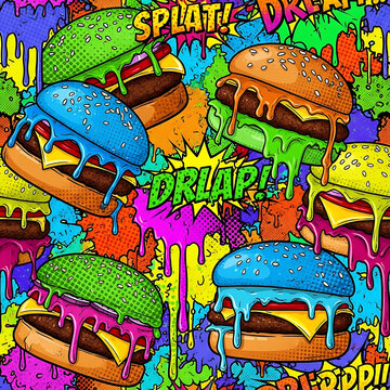 Colorful illustration of burgers with dripping sauce and splat text