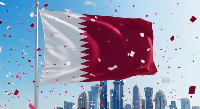 qatar flag over city skyline with confetti celebration