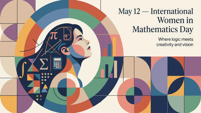 International Women in Mathematics Day May 12 Poster with Abstract Female Portrait and Math Symbols, STEM Education Banner, Science Creativity and Innovation Concept Flat Vector Design