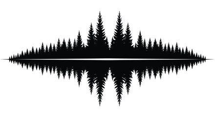 A striking black landscape depicts a dense forest of coniferous trees reflected in calm water creating a symmetrical artistic silhouette high quality professional detailed © rsvect02