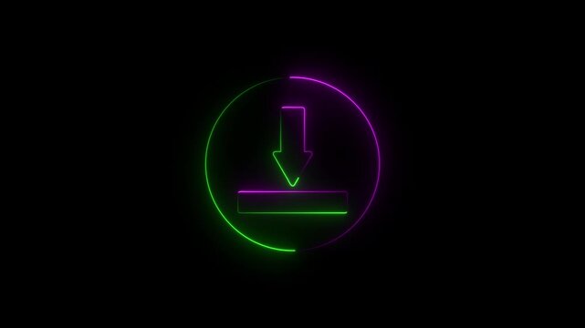 Neon Download sign icon animation, glowing neon animation of download icon arrow icon. on black background, Download Icon with Circular Outline on Black Background.