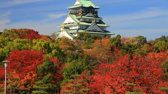 サクラなどの紅葉の大阪城と秋空