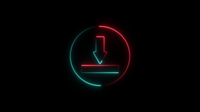 Neon Download sign icon animation, glowing neon animation of download icon arrow icon. on black background, Download Icon with Circular Outline on Black Background.
