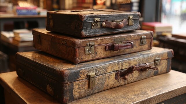 A Stack of Worn Vintage Leather Suitcases with Aged Straps and Metal Clasps