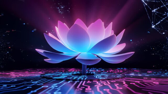 Lotus flower emits colorful light over digital circuit board. Setting shows cosmic background with bright stars. Concept of technology, innovation, nature