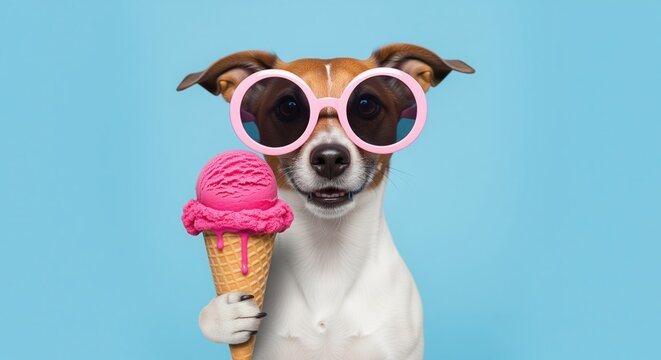A small dog with brown and white fur wearing oversized pink sunglasses holds a pink ice cream cone against a bright blue background. Perfect for summer fun and pet-themed designs.