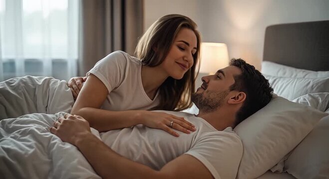 romantic couple kissing in bed under warm bedroom lighting