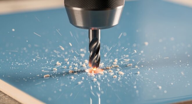 Drilling into blue surface with power drill.