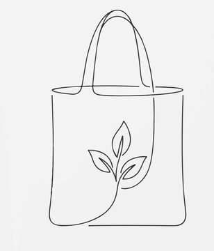 A minimalist line art of an eco-friendly tote bag with a leafy emblem. The artwork conveys concepts of sustainability, nature, and environmental consciousness.