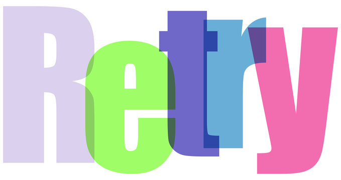 Large colorful translucent letters spelling the word retry on  transparent background