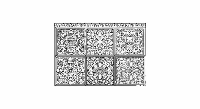 Ornate floral tile patterns arranged in a 2x3 grid with a decorative border