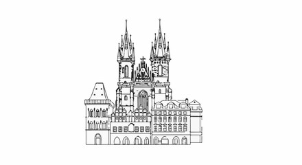 Fototapeta premium Ornate gothic architecture with twin spires and surrounding buildings in linework
