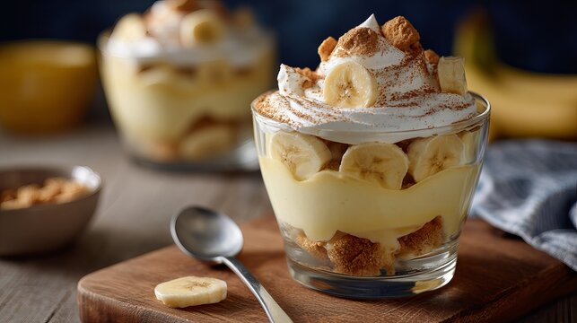A delicious banana pudding dessert in a glass cup on a wooden board with a spoon and ingredients in the background.