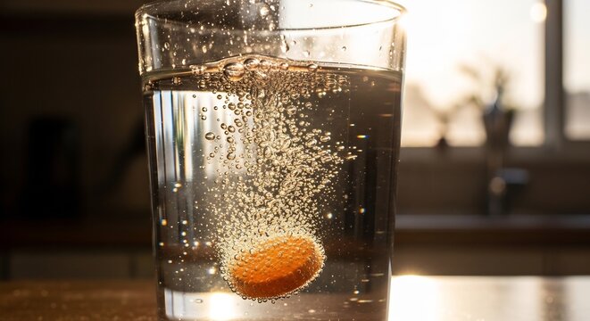 Effervescent Tablet Dissolving in a Glass of Water with Bubbles.