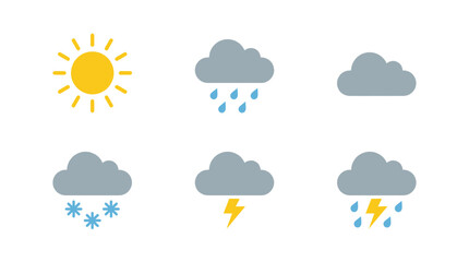 Obraz premium Collection of Weather Icons Featuring Sun, Rain, Snow, and Thunderstorms for Weather Forecasts and Applications
