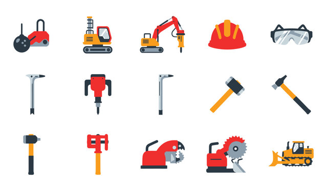 Heavy construction machinery and work tools flat vector icon set for demolition and building projects.