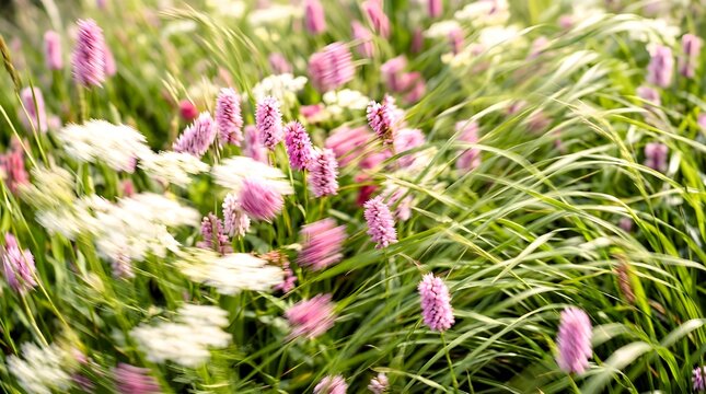Pink Wildflowers and Green Grass Swaying in the Wind with Motion Blur