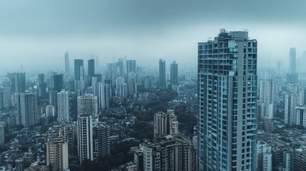 Fototapeta premium Elevated view of a dense cityscape on a cloudy, overcast day; a lone skyscraper stands tall