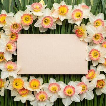 Daffodils in a floral border with green leaves and blank card