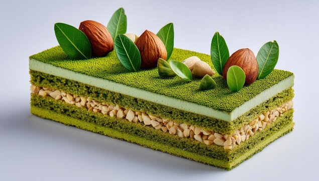 Vibrant green layered pastry with nuts, almonds, and leaves