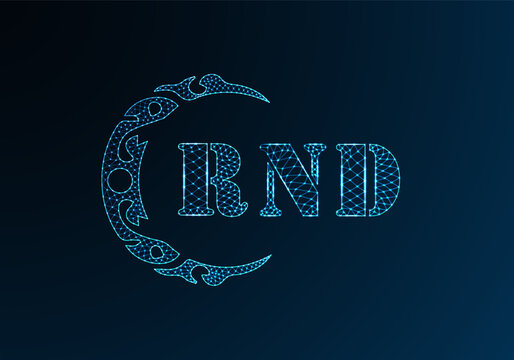 Low poly letter logo RND design. RND letter logo low poly vector design on blue color gradient background. RND logo low poly design