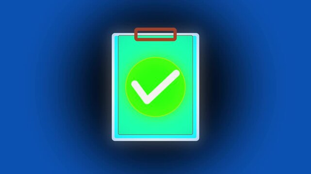 Stylized clipboard with a green check mark inside a yellow circle. This clipboard is dark. Use this clipboard for night shift work and security guard log visuals.