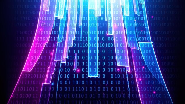 Digital rain effect, matrix style code cascading down black background. Blue, pink hues dominate visual space.
