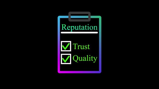 Clipboard listing reputation, trust, and quality with check marks. This checklist shows values. A branding checklist for corporate ethics and company core values.