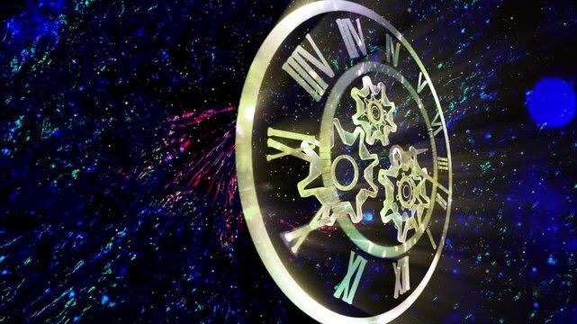 A surreal cosmic clock with rotating gears floats within a glowing galaxy, symbolizing the infinite flow of time, universal motion, and the connection between mechanics and the cosmos.
