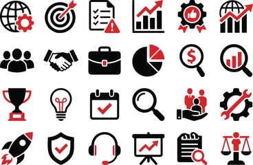 Fototapeta premium Business strategy and operations icon set for project management, team collaboration, customer support, analytics, and corporate achievement