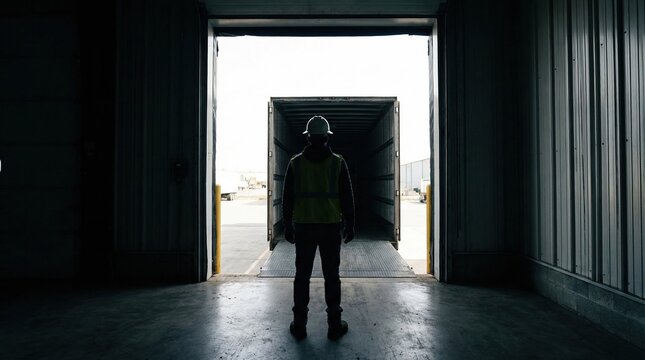 A worker in safety gear stands at an open warehouse door facing an empty trailer. This scene represents logistics and supply chain management. Perfect for industrial business presentations.