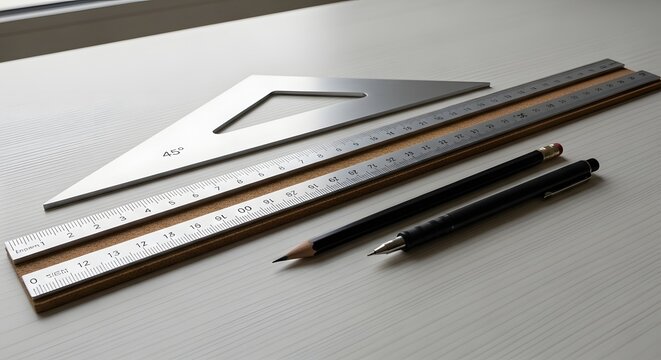 Metal straight edge ruler and drafting triangle set for technical drawing tools and precise design work