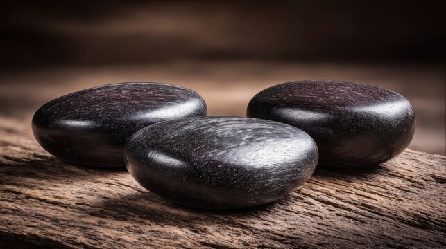 Three smooth dark ebony wood meditation beads arranged on a rustic wooden surface
