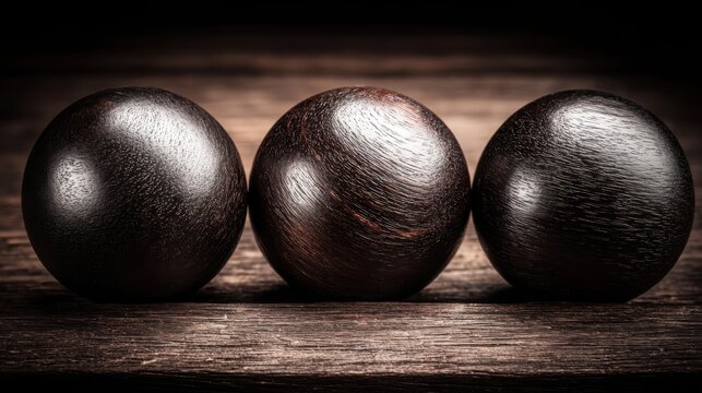 Three smooth dark ebony wood meditation beads arranged on a rustic wooden surface, symbolizing spiritual practice and inner peace