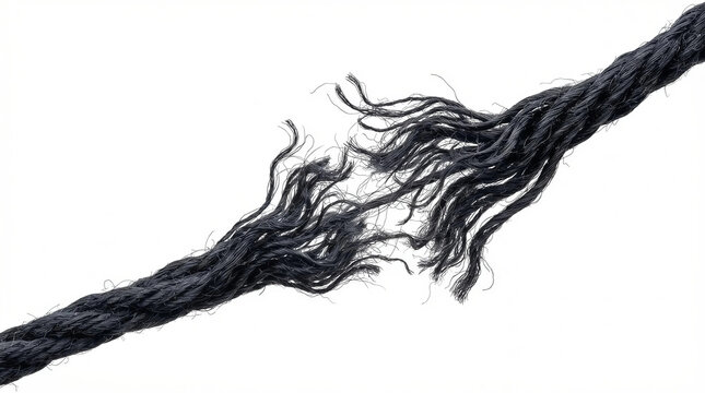 Frayed black rope at breaking point isolated on white background representing tension failure stress and limits in business or personal life