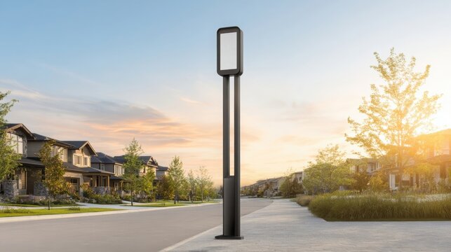 Modern Tall Slender Lamp Post with Rectangular Display for Outdoor Lighting and Advertising